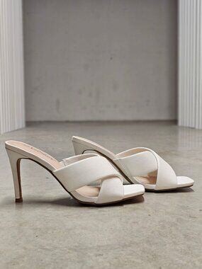White Cross Strap Stiletto Heel Mules With Square Toe Design For Women